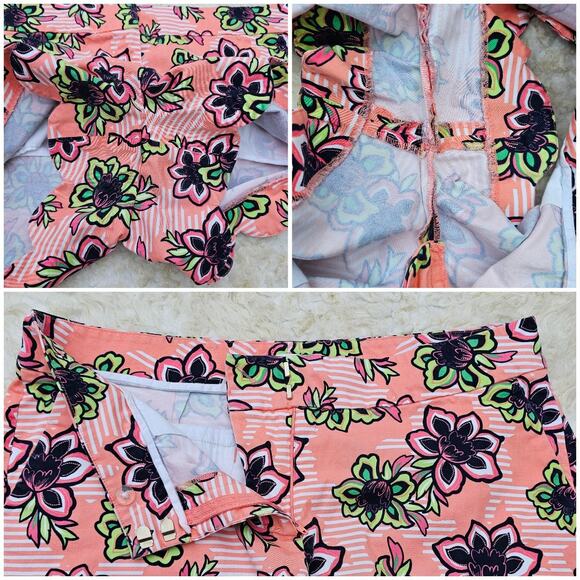 Scallop Hem Shorts Floral Print Stretch Crown & Size 10 Peach Pink Navy Stripes - Picture 3 of 5